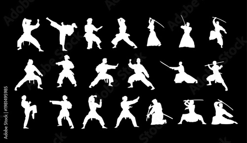 A collection of white silhouettes of people performing various martial arts poses on a black background