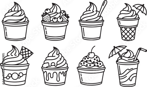 A collection of eight uniquely decorated and topped jugs in black and white illustration Vector