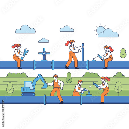 Construction workers repairing large industrial pipeline system.
