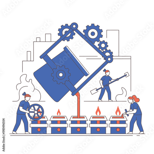 Industrial Foundry Process Pouring Molten Metal into Molds.
