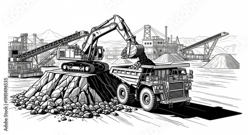 Heavy machinery excavating and loading rocks onto a large truck.