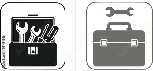 Toolbox and toolkit icon set vector illustration, open toolbox with tools and closed briefcase style wrench symbols for repair DIY mechanic construction workshop designs
