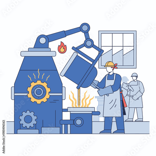 Industrial Foundry Process with Workers and Machinery.