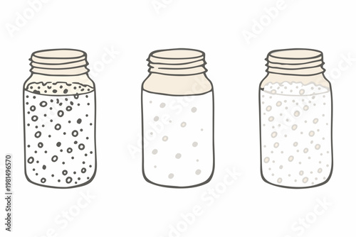 Three mason jars showcasing chia seed progression in liquid suspension