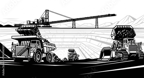 Heavy mining equipment working in an open pit mine.