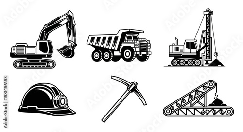 Collection of mining and construction equipment and tools.