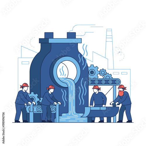 Industrial Foundry Workers Pouring Molten Metal.