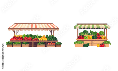 Set Of Market Produce Stall Icon – Fresh Farm Product Sale Illustration