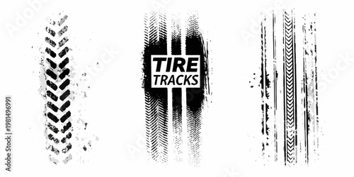 Black and white illustration of various tire track patterns and text