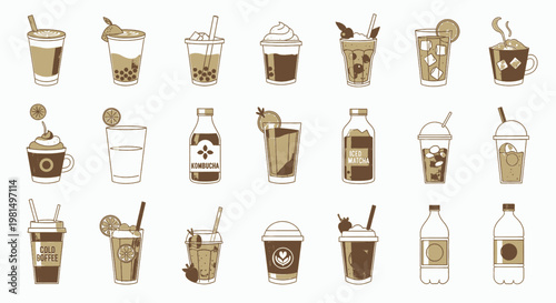 Vector illustration set of beer bottles and mixed beverage icons including wine glass, coffee cup, and alcohol drink symbols for restaurant sign design