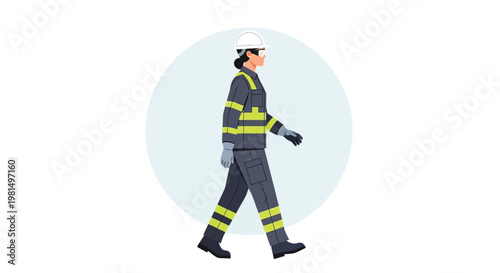A professional female engineer or construction worker is depicted in a modern vector illustration, confidently walking forward while wearing essential personal protective equipment including a hard ha