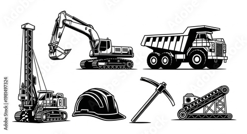 Collection of construction and mining heavy machinery and tools.