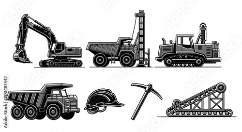 Collection of mining and construction heavy machinery and tools.