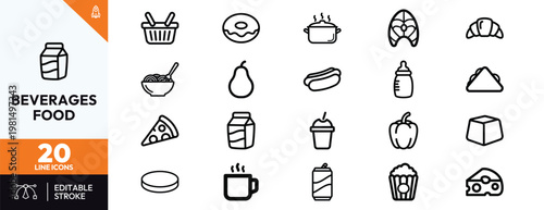 Set of twenty minimalist food and beverage line icons featuring grocery items snacks and meals