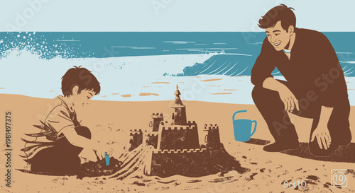 A family and a couple enjoy a summer vacation walking across the sand dunes at sunset while palm trees frame the ocean landscape