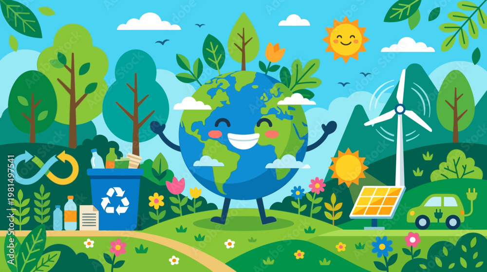 Obraz premium A vibrant illustration of the Earth character happily promoting eco-friendly practices in a lush green landscape with solar panels and a wind turbine.