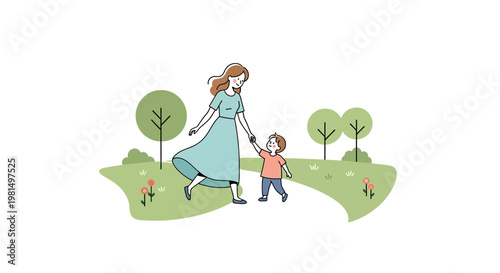Mother and Child Walking in Park, Family Outdoors, Summer Day Illustration