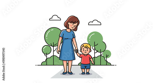 Mother and Son Walking Together Holding Hands in a Park