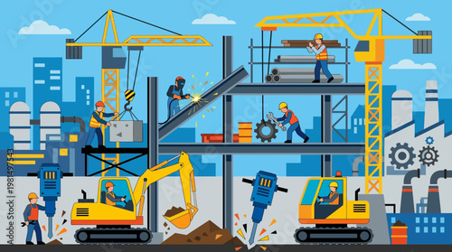 Construction workers build a new industrial site with cranes and excavators in a cityscape.