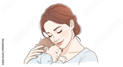 Mother Embracing Sleeping Baby, Tender Moment of Love and Care, Family Bonding Illustration