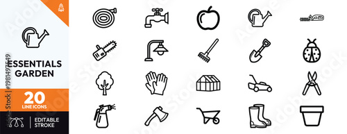 Comprehensive collection of black outline gardening tools and equipment for landscaping and horticulture design projects