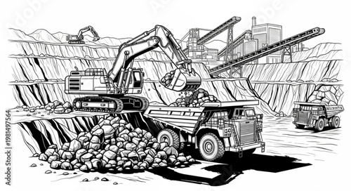Heavy machinery excavating and loading rocks in a quarry.