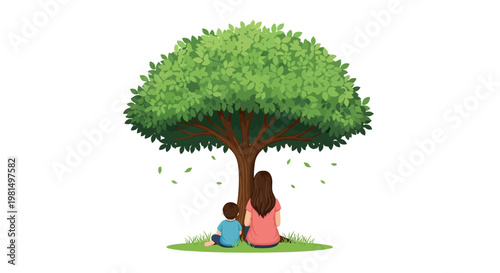 Mother and child sitting under a large green tree, family bond, nature, peaceful moment