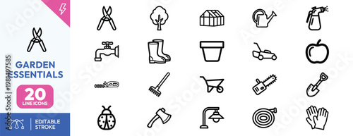 Set of twenty minimalist garden tool line icons featuring equipment for landscaping and outdoor yard maintenance