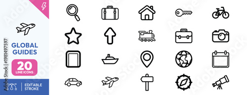 Professional collection of minimalist travel and tourism line icons for global navigation and holiday planning