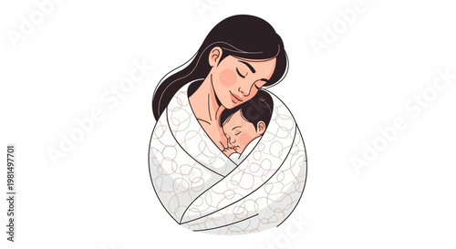 Mother holding sleeping baby, tender moment, love, family, illustration