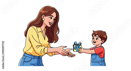 Mother receiving gift from her son, happy family moment, illustration
