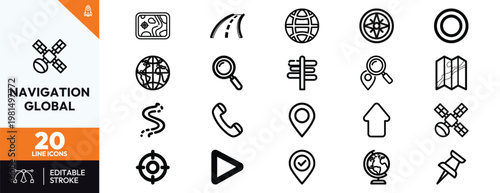 Konstfotografi Minimal black linear navigation and global travel icons for map tracking and geo