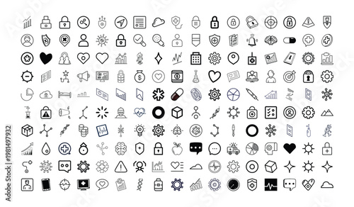 Comprehensive collection of diverse icons and symbols in monochrome style