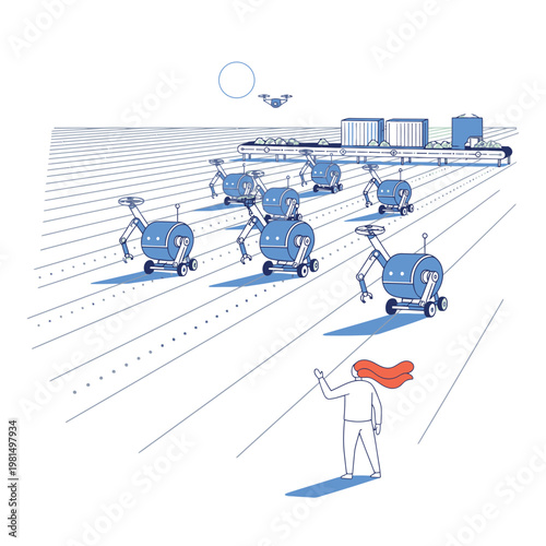 Robots working in a field with a person directing them.