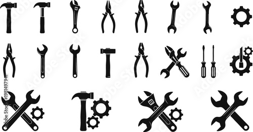 Tools and repair icon set vector illustration, black silhouette hammer wrench pliers screwdriver gear crossed tools for DIY mechanic construction workshop maintenance designs