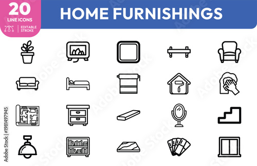 Professional set of home furnishing line icons for interior design house renovation and apartment decoration projects