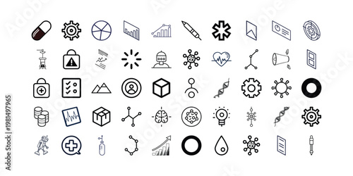 Diverse collection of medical, scientific, and technology icons in minimalist style