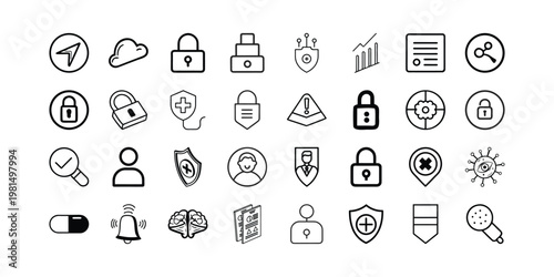 Collection of diverse icons representing technology, security, health, and utilities