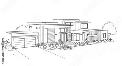Detailed line drawing of a modern multi-level residential house with a two-car garage and contemporary landscaping.