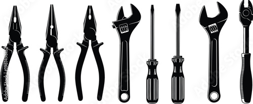Hand tools set vector illustration, pliers wrenches screwdrivers ratchet black silhouette for DIY repair mechanic construction and workshop designs