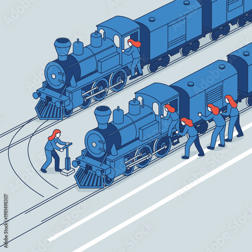 Team of workers preparing vintage steam trains for departure.