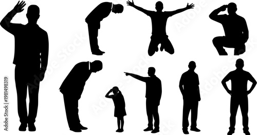 Collection of diverse silhouette figures showing various gestures and poses, including waving, bowing, and saluting.
