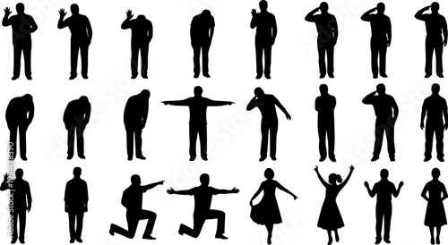 Collection of diverse silhouette figures showing various gestures and poses, including waving, bowing, and saluting.
