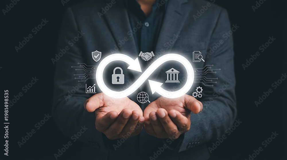 Fototapeta premium Businessman holding digital infinity symbol with banking and security icons