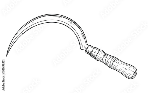 Curved metal sickle with wooden handle, tool for harvesting crops