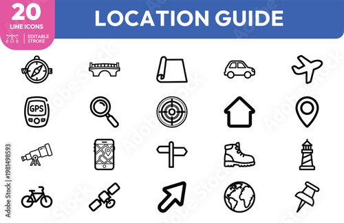 Collection of twenty navigation and location line icons for travel maps and tracking app interfaces.