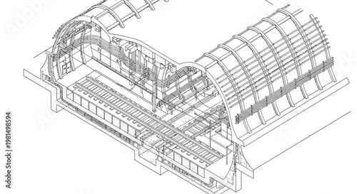Detailed isometric architectural drawing of a building's internal structure with arched roof.