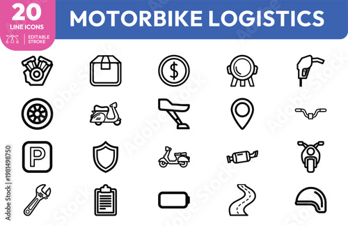 Professional set of linear icons for motorcycle shipping logistics and urban delivery service business applications