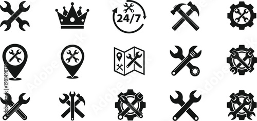 Repair and maintenance icons with wrenches, hammers, gears and service symbols for technical vector projects