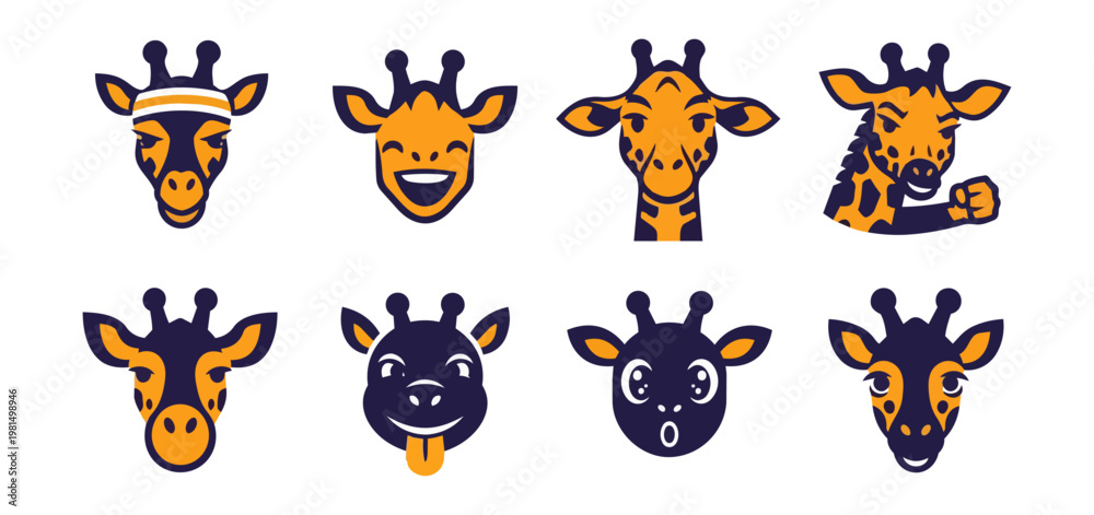 Fototapeta premium Cartoon giraffe heads with various expressions on black background